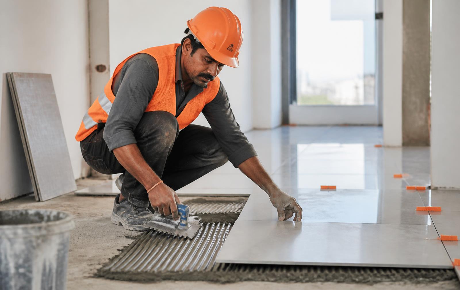 Tiler applying Primo Fixx tile adhesive with a notched trowel