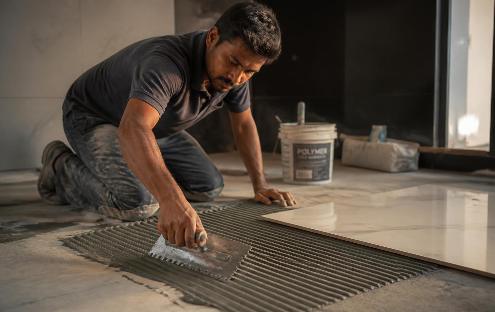 Applicator spreading Primo Fixx tile adhesive with a notched trowel before laying a large vitrified tile